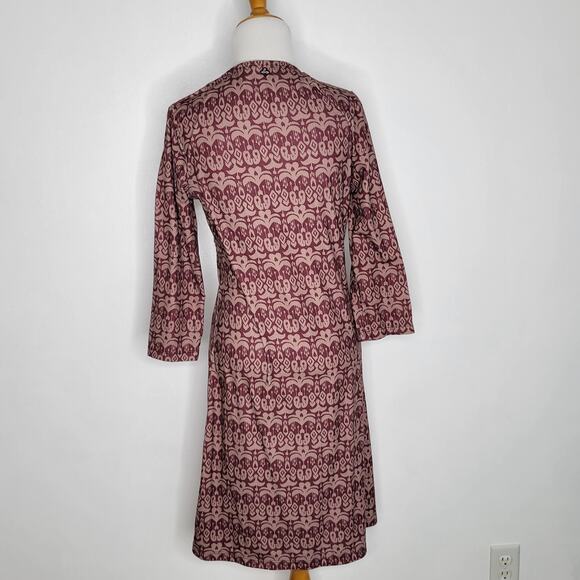 PrAna Faux Wrap Dress Ikat Print Purple Twist Front 3/4 Sleeves Women Medium - Picture 3 of 10